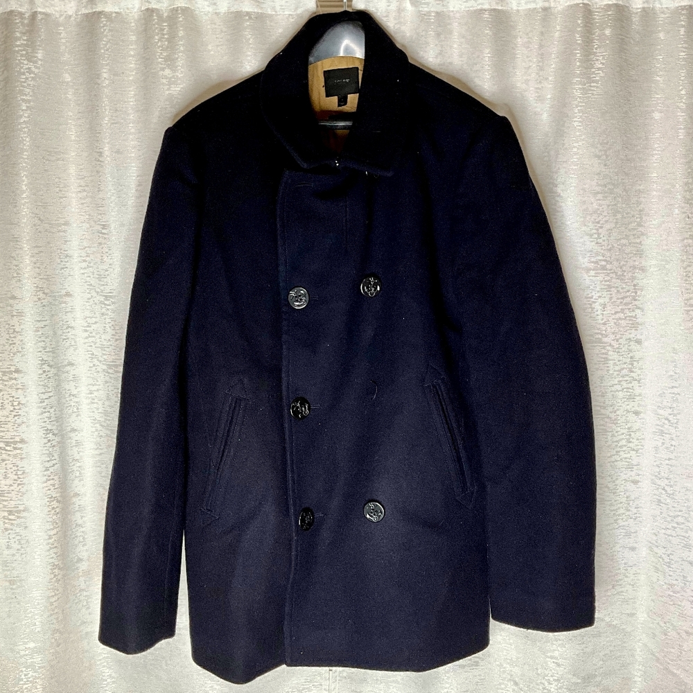 Mens J Crew Bayswater Peacoat  Black Wool Collared Pea Coat Jacket Size LT